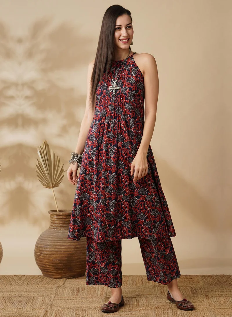 جلو باص Globus Women Floral Printed Halter Neck Flared Hem Pleated A-Line Kurta & Trousers Workwear Set